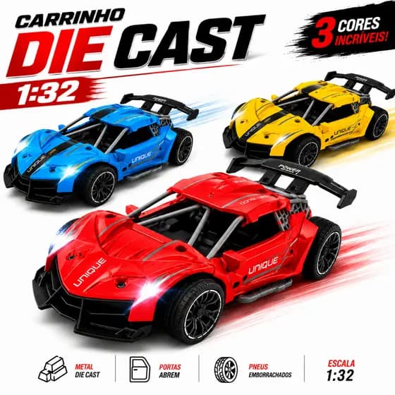 Carrinho Miniatura de Corrida | Die Cast 1:32 Metal Super Car Portas Abrem Colecionável | Brinquedo de Menino