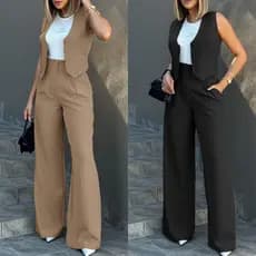 Conjunto Feminino na Alfaiataria Calça Pantalona com Bolsos + Colete Social Escritório