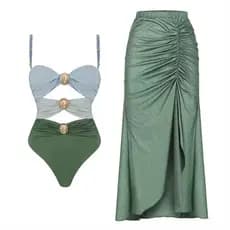 Conjunto Feminino Maiô Bikini Com Recortes E Saia De Praia