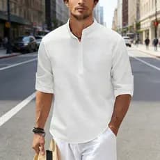 Camisa Social Masculina Gola Padre Manga Longa em Tecido Waffle