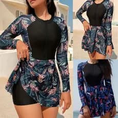 Conjunto Maiô Saia Praia De Manga Longa Solar UV Feminino Estampado Floral E Shorts