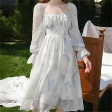 Vestido Elegante Longo Feminino Floral Franzido com Estampa Floral Com Manga Bufante E Costura