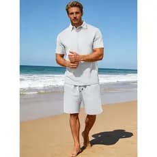 Conjunto Camiseta Polo Casual e Shorts Cordão Para Homens Tecido Jacquart Ao ar Livre e na Praia