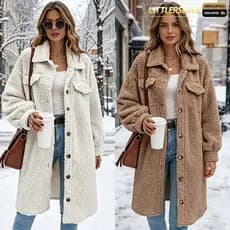 Casaco Feminino Inverno Teddy Pelúcia Lapela Manga Longa Solto Midi