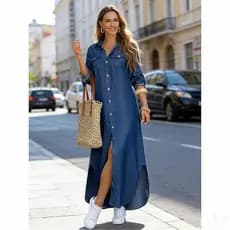 Vestido Camisa Feminino Solto Com Botão E Bolsos Com Impressão