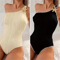 Maiô Feminino de Uma Ombro inclinado de Cor Sólida para Decorado com Conchas e Estrelas-Do-Mar