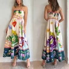 Vestido Boho Tropical LongoCamisole Costas Estampado Perfeito Para o Dia a Dia e Passeios