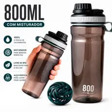 Garrafa Shake 800ml com Misturador Coqueteleira Squeeze Preta Academia mixer Ball Antivazamento