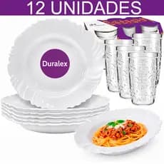 Kit 12 Peças 6 Pratos Pétala Fundo Opaline Duralex 6 Copos Nature 270ml Buffet Resistente a Queda
