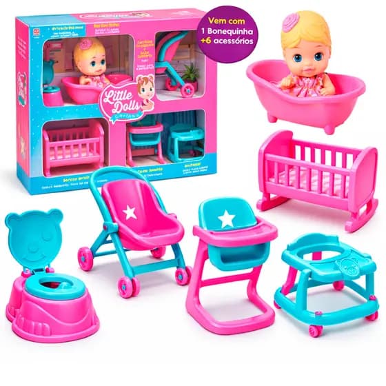 Kit 6 Pçs Boneca Little Dolls Casinha - Casa Completa 6 Acessórios Menina Infantil Diver Toys
