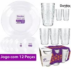 Kit 12 Pçs Duralex 6 Pratos Astral Vidro Fundo + 6 Copos Brilhante Nature 270ml Vai ao Micro-ondas