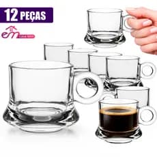 Jogo 12 Xícaras Café De Vidro Grosso 85ml Transparente Robusta Lisa Caneca Café Chá