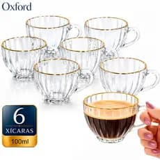 Kit 6 Xícaras de Chá Oxford Cristal Lanty com Fio de Ouro Vidro 100ml Mesa Posta