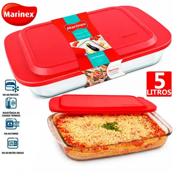 Lasanheira Assadeira Marinex com tampa Forma Retangular 5L Funda Grande Vidro Vai ao Forno