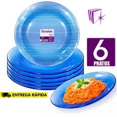 Jogo 6 Pratos Azul Fundo Duralex SKY 22cm Modelo Diamante Liso Design Moderno Luxo Vidro Resistente