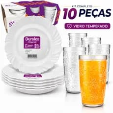 KIT 10 Peças 4 Pratos Petala Fundo Opaline e 6 Copos Nature 270ml Vidro Anti Risco Jantar Dia a Dia