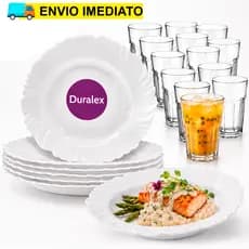 KIT 12 Peças 6 Pratos Pétala Fundo Opaline Duralex 6 Copos Bristol 360ml Buffet Resistente a Queda
