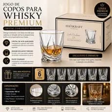Jogo 6 Copos Cristal Whisky 300ml Borda Dourada Hauskraft conhaque vodka bar restaurante copo de luxo