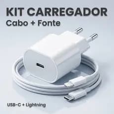 Carregador Turbo 20W para iPhone USB-C Lightning com Fonte e Cabo 1 Metro Carga Rápida para iPhone e iPad