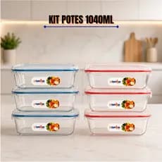 Kit 2/3/4/6 Potes de Vidro Hermético 1040ml Marmita fitness Premium Retangular