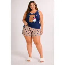 Baby Doll Plus Size Feminino Capivara Cute Pijama Curto Regata Confortável 48 ao 54