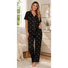 Pijama Feminino Americano Longo Estampado Coração Conjunto Manga Curta Calça Longa