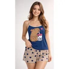 Baby Doll Feminino Alça Fina Estampado Capivara Cute Pijama Verão Short Coração Confortável