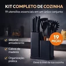 Kit Utensílios de Cozinha Silicone 19 Peças Cabo Madeira Completo com Facas Suporte e Tábua Antiaderente