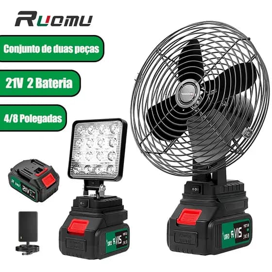 8 polegadas ventilador + 4 polegadas lanterna refletor kit portatil Recarregável 21V 2 Bateria 2.0ah