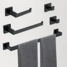 Kit Banheiro Quadrado Completo | Porta Toalha 60cm + Suporte Papel + Ganchos Aço Inox Preto/Prata Antiferrugem