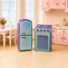 Mini Cozinha Casa de Boneca Kit 2 Peças Geladeira Fogão 3D Realista Brinquedo Decorativo Miniatura