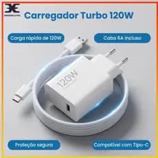Carregador Turbo 120W USB-C + Cabo 6A Ultra Rápido  Carga Rápida Compatível Android