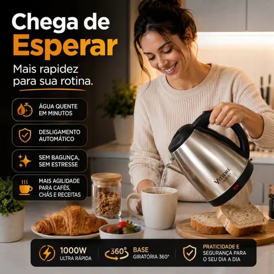 Chaleira Elétrica Vittore Inox 1,8L 1000W Inox Premium Desligamento Automático Base 360° 127V