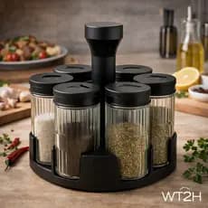 Porta Tempero e Condimento Premium Luxuoso Moderno Giratório Com 6 Pote de Vidro 85ml Para Cozinha
