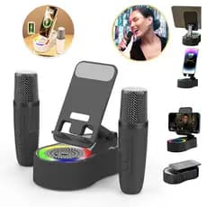 Suporte para Celular com Caixa de Som Bluetooth 5 em 1 e 2 Microfones Sem Fio RGB LED - Recarregável Tipo C