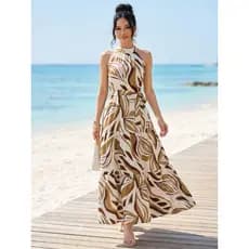Vestido Longo Com Estampa Floral Completa, Decote Halter E Cinto, Estilo Fluído Para Férias P M G
