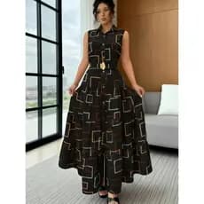 Novo Vestido Feminino De Ajuste Slim Com Gola Em V, Estampa Gráfica, Botões, Sem Mangas, Amarração Na Cintura P M G