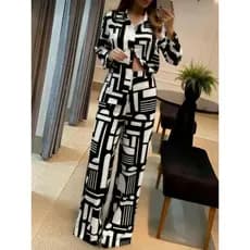 Conjunto De Camisa De Manga Longa E Calça Casuais Femininos Com Estampa Em Blocos P M G