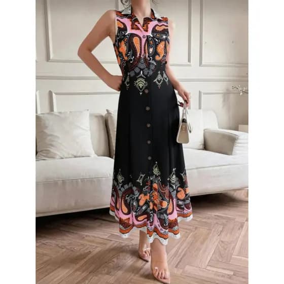 Vestido Midi Feminino Estampa Étnica Premium Modelagem Slim Confortável Tendência 2026