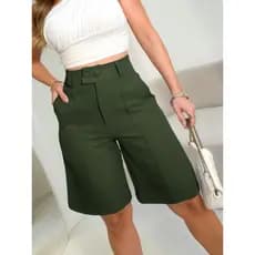 Bermuda De Alfaiataria Alta Cintura Com Botões Duplos, Prega Frontal, Moda Elegante Para Trabalho E Dia A Dia