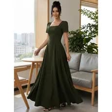 Vestido Romântico Feminino De Linha A, Simples E Elegante, Com Colar Quadrado Cintura Marcada E Mangas Franzidas P M G