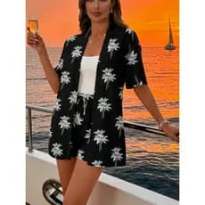Conjunto De Camisa Impressa Feminina Com Frente Aberta E Shorts M G GG