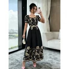 Vestido Feminino Cinturado Com Decote Quadrado Estampado Em Linha A Elegante Para Férias,Trajeto Diário Manga Curta