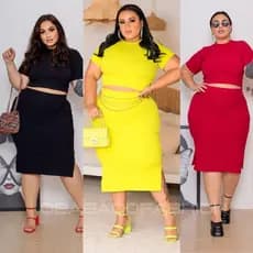 Conjunto Malha Canelada Saia Midi e Cropeed Plus Size