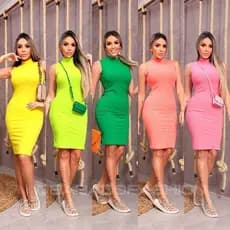 Vestido Canelado Feminino Midi Gola Alta Malha Canelada Blogueira/Insta