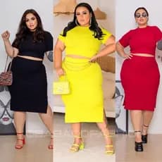 Conjunto Malha Canelada Saia Midi e Cropeed Roupas feminino Plus Size