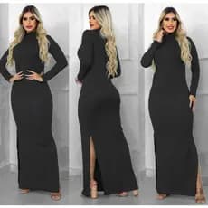 Vestido Longo com Fenda Lateral Manga Longa Gola Alta em Malha Canelada