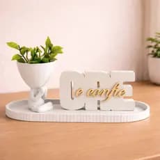 Kit Conjunto Trio Decorativo Ore e Confie Decoração com Planta Vaso Bandeja Presente Fé Gratidão