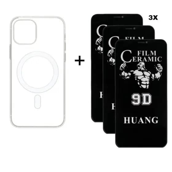 Kit 4em1 Capa MagSafe + 3X Película Cerâmica Privacidade Para iPhone 11 12 13 14 15 16 Pro Max