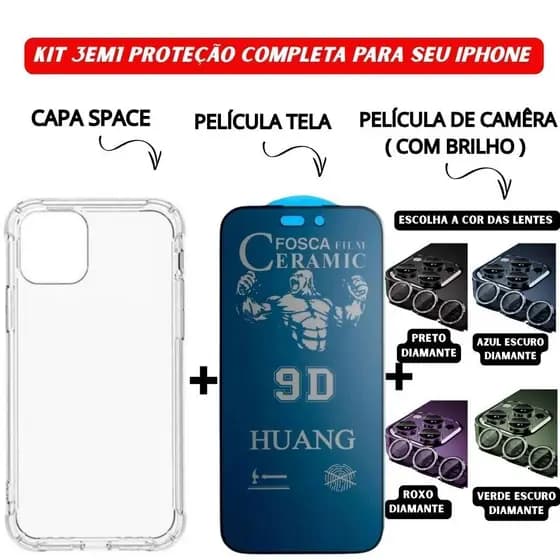 Kit 3em1 Capa Space+Película Cerâmica Fosca Privacidade+Película Câmera Diamante iPhone 11 12 13 14 15 16 Pro Max